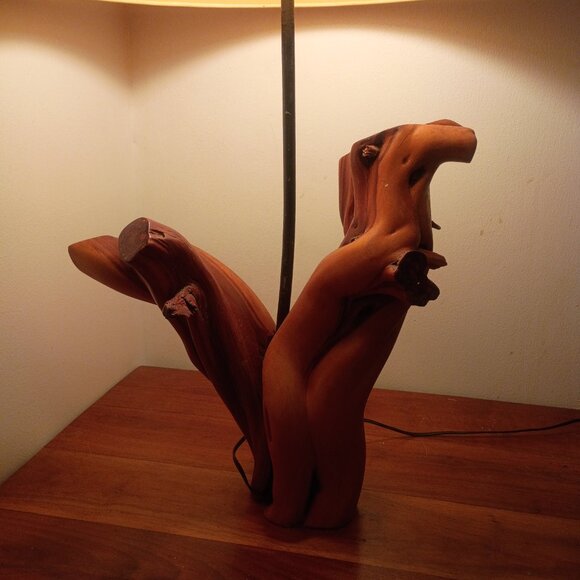 MID CENTURY Handmade Cypress Knee Table Lamp w Drum Lampshade 1950s *WORKS* - Picture 6 of 15